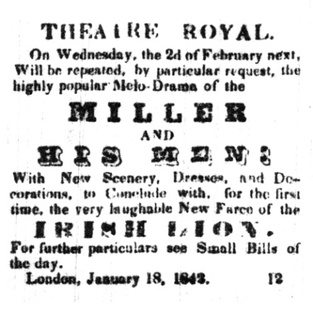 Advertisement for "The Miller and His Men" at the Theatre Royal in London, Canada West, to be performed on 2 February 1842