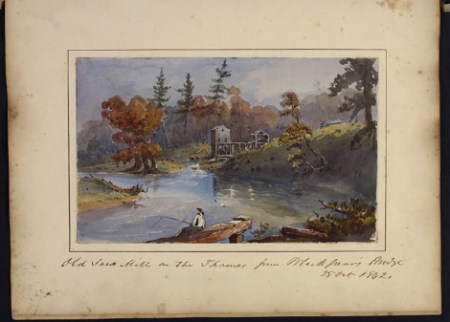 George Russell Dartnell, Old saw mill on the Thames River, from Blackfriar's Bridge, London, Canada West.  Library and Archives Canada, accession number: 1995-28-20